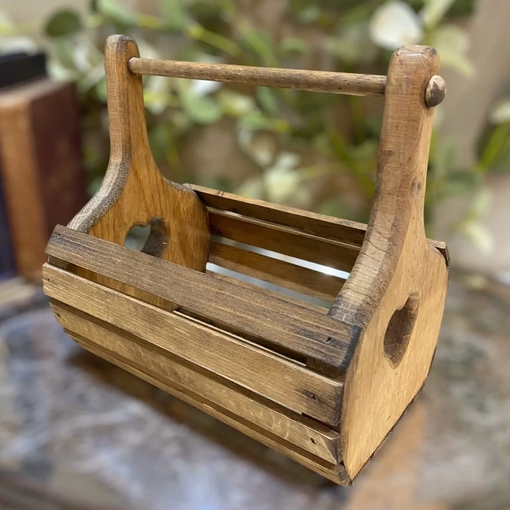 Vintage Primitive Heart Wood Slat Basket Caddy with Handle Farmhouse Country